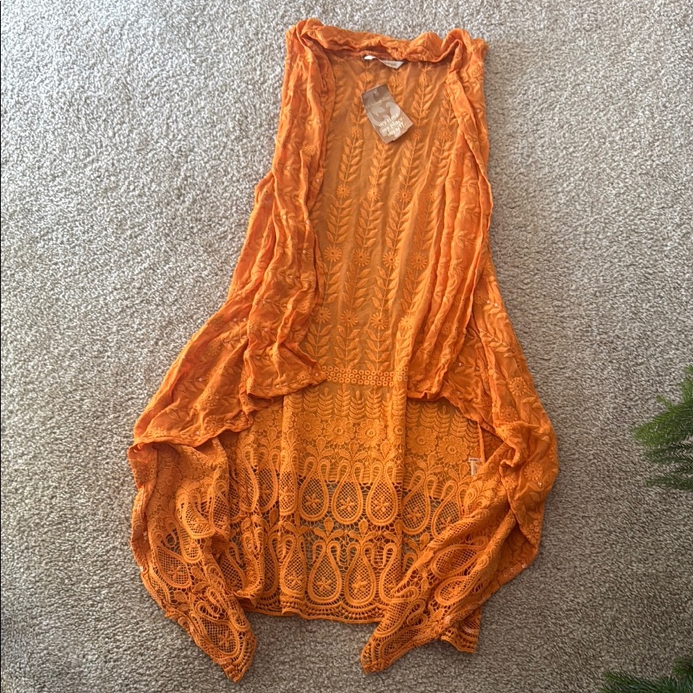 NWT: Soft Surroundings brand; Orange Rust colored sparkle Lace crochet Vest OS